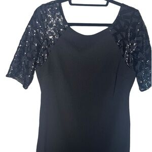 Calvin Klein Black Dress with Sequined Short Sleeves over Net